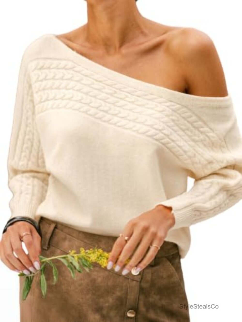 Womens Cable Knit Sweater Off Shoulder Boat Neck Pullover Long Sleeve